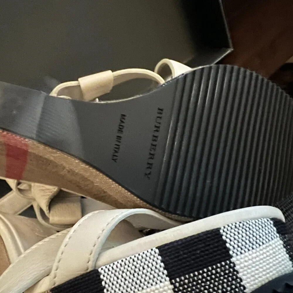 Burberry Brit Check White Leather Goldfinch Wedge Women's Sandals - Picture 12 of 15